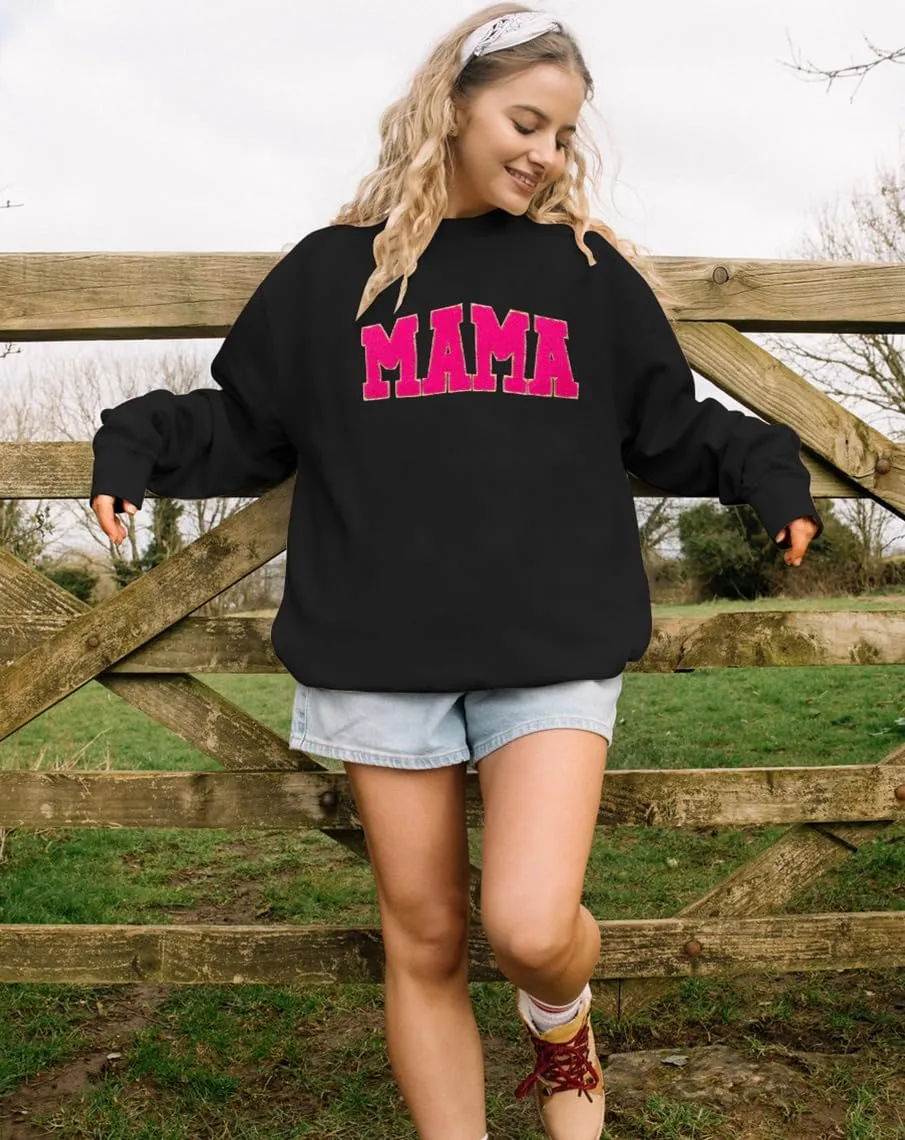 ASTANFY Mama Sweatshirt Women Oversize Glitter Patch Mama Crewneck Sweatshirts Mama Print Long Sleeve Loose Fashion Pullover