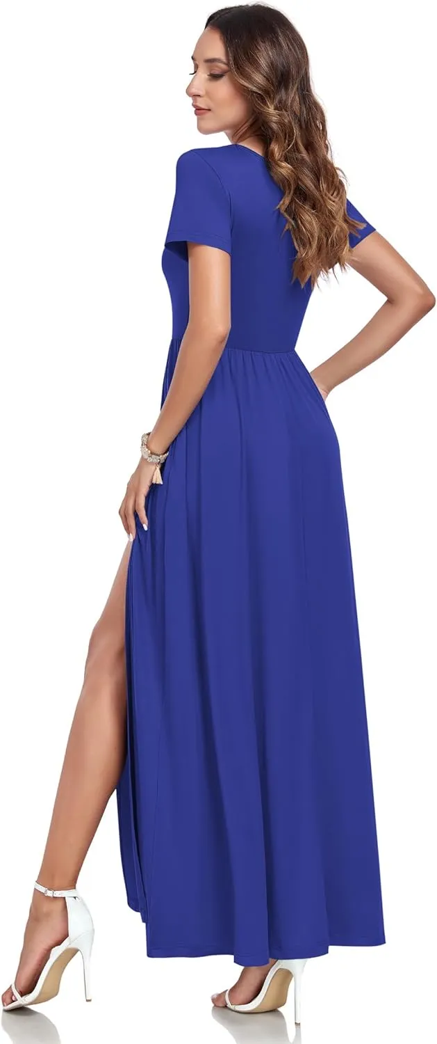 AUSELILY Women Maxi Dress 2025 Summer Short Sleeve Side Split Casual Long Dresses with Pockets