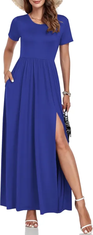 AUSELILY Women Maxi Dress 2025 Summer Short Sleeve Side Split Casual Long Dresses with Pockets