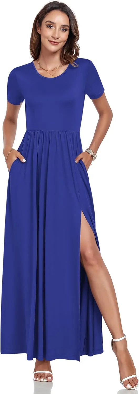 AUSELILY Women Maxi Dress 2025 Summer Short Sleeve Side Split Casual Long Dresses with Pockets