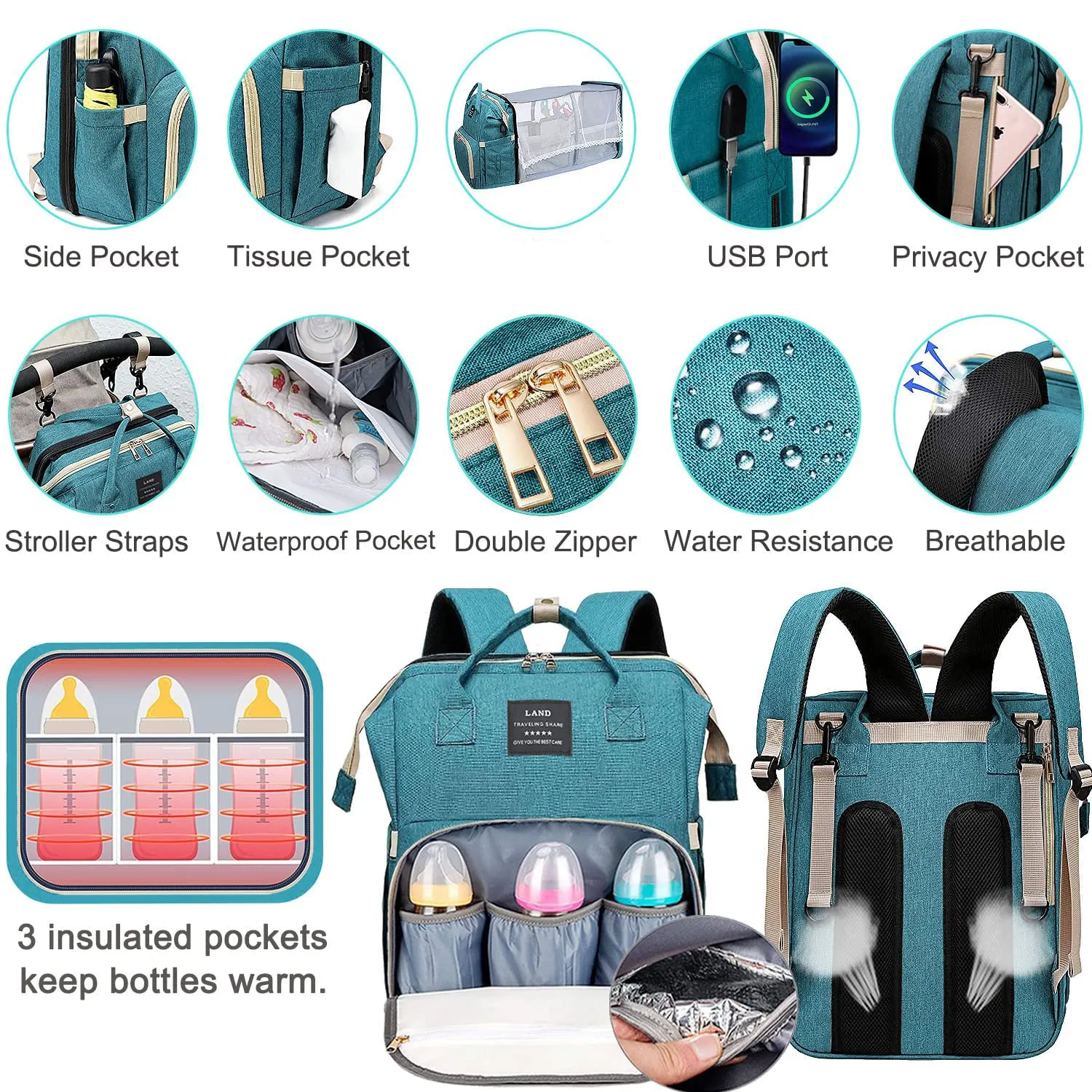 Baby Diaper Bag with Changing Station,Diaper Bag Backpack,Girl Boy Diaper Bag,Large Capacity,900d Excellent Oxford(Ungrade-Green)