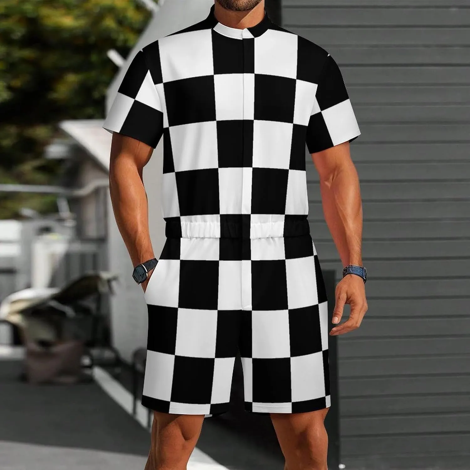 Black White Race Checkered Flag Printed Mens Short Sleeve Rompers Printed Slim Fit One Piece Jumpsuit with Pocket
