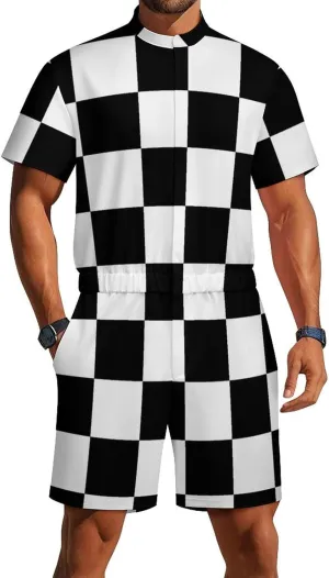 Black White Race Checkered Flag Printed Mens Short Sleeve Rompers Printed Slim Fit One Piece Jumpsuit with Pocket