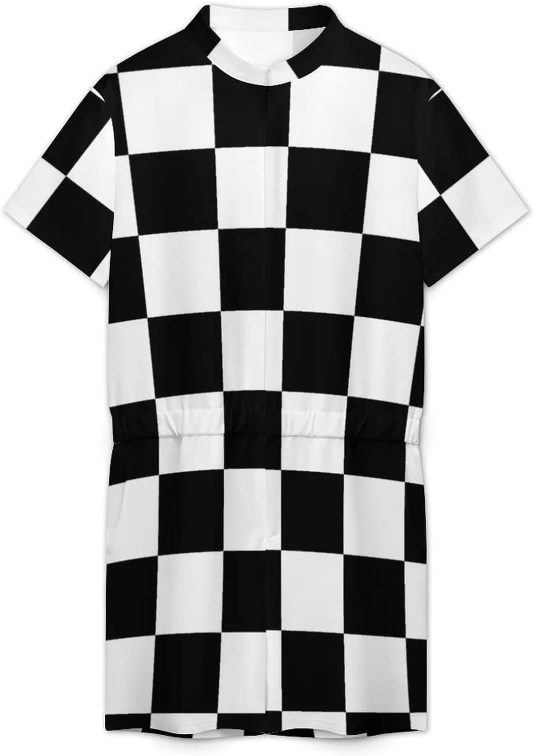 Black White Race Checkered Flag Printed Mens Short Sleeve Rompers Printed Slim Fit One Piece Jumpsuit with Pocket