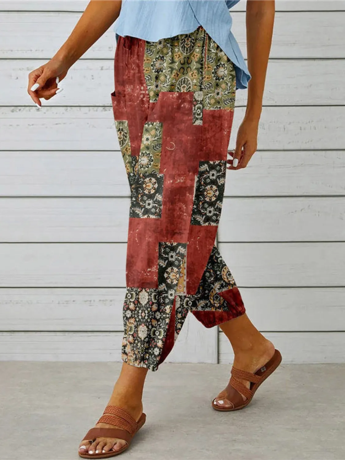 Bohemian Printed Tied Cropped Capris Pants