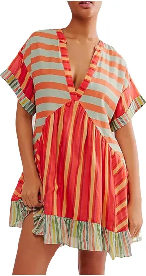 Boho Dresses for Women Summer Y2K Babydoll Flowy Dress Ruffle Mini Dress Deep V-Neck Casual Floral Sundress 2025
