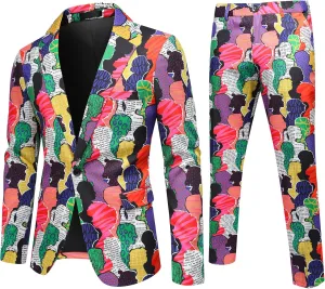 Boyland Mens 2 Pieces Suit Floral Print Notch Lapel Tuxedo Suit Set One Button Tux Jacket Pants for Party Wedding Prom