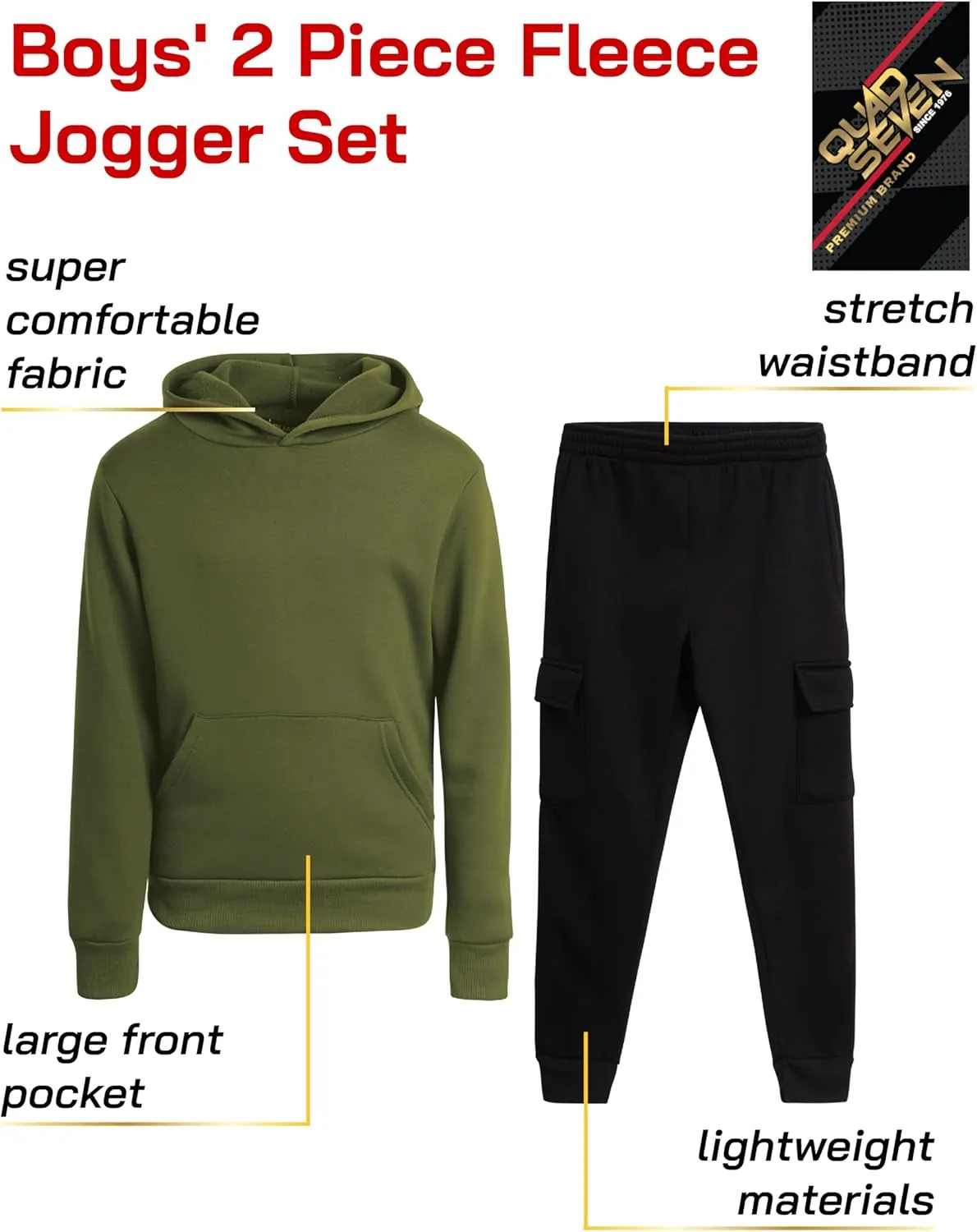 Boys' Fleece Jogger Set - 2 Piece Basic Solid Pullover Hoodie and Cargo Pocket Sweatpants (Size: 8-18)