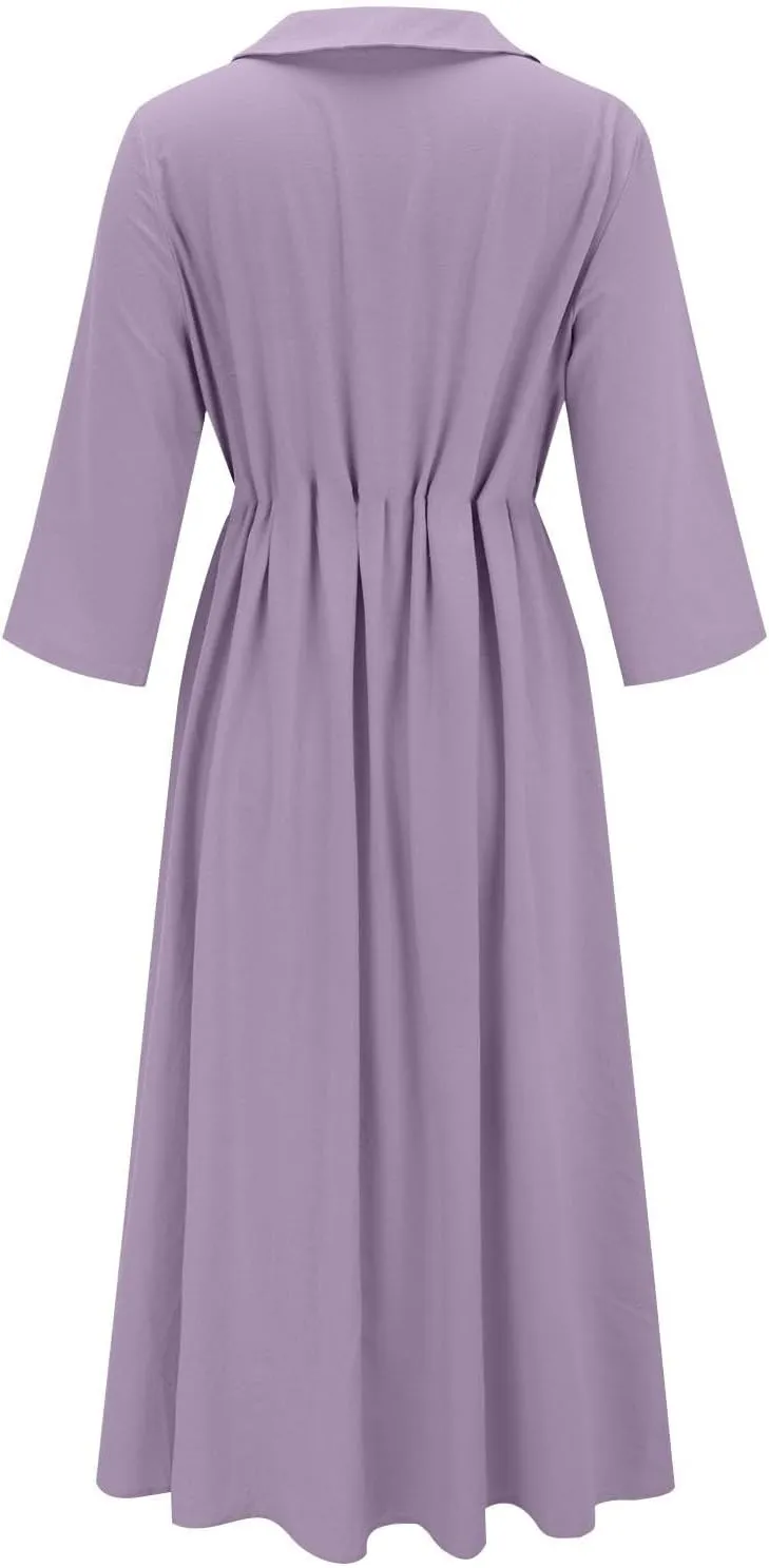 Button Up Midi Dress for Women Smocked Waist A-Line Dress Short Sleeve Solid Flowy Beach Summer Dresses 2025
