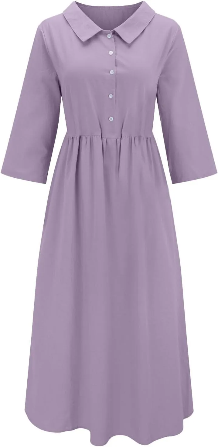 Button Up Midi Dress for Women Smocked Waist A-Line Dress Short Sleeve Solid Flowy Beach Summer Dresses 2025