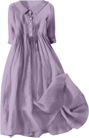 Button Up Midi Dress for Women Smocked Waist A-Line Dress Short Sleeve Solid Flowy Beach Summer Dresses 2025