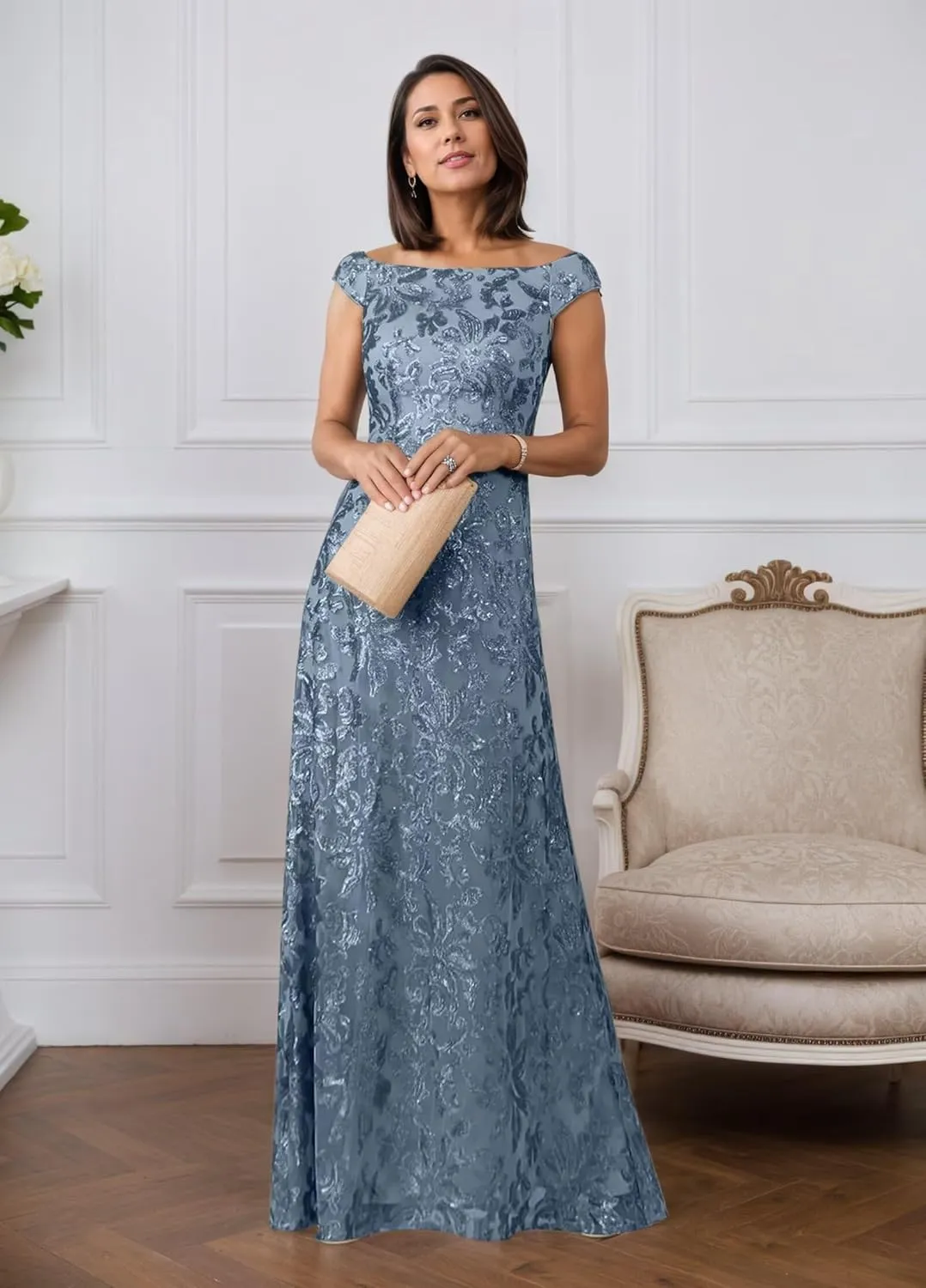 Cap Sleeve Mother of The Bride Dresses for Wedding Mermaid Evening Dress Sequin Lace Formal Gown