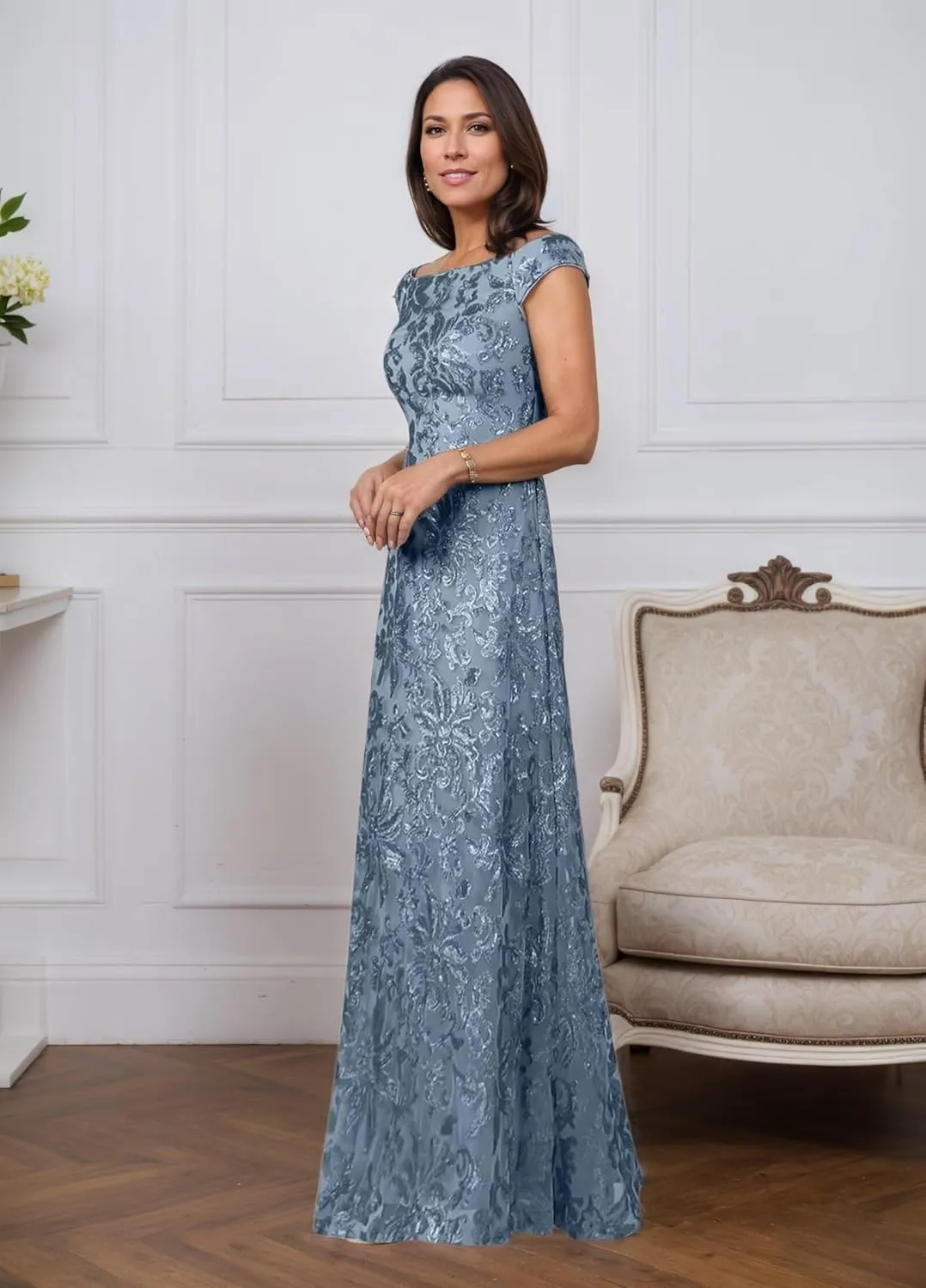 Cap Sleeve Mother of The Bride Dresses for Wedding Mermaid Evening Dress Sequin Lace Formal Gown