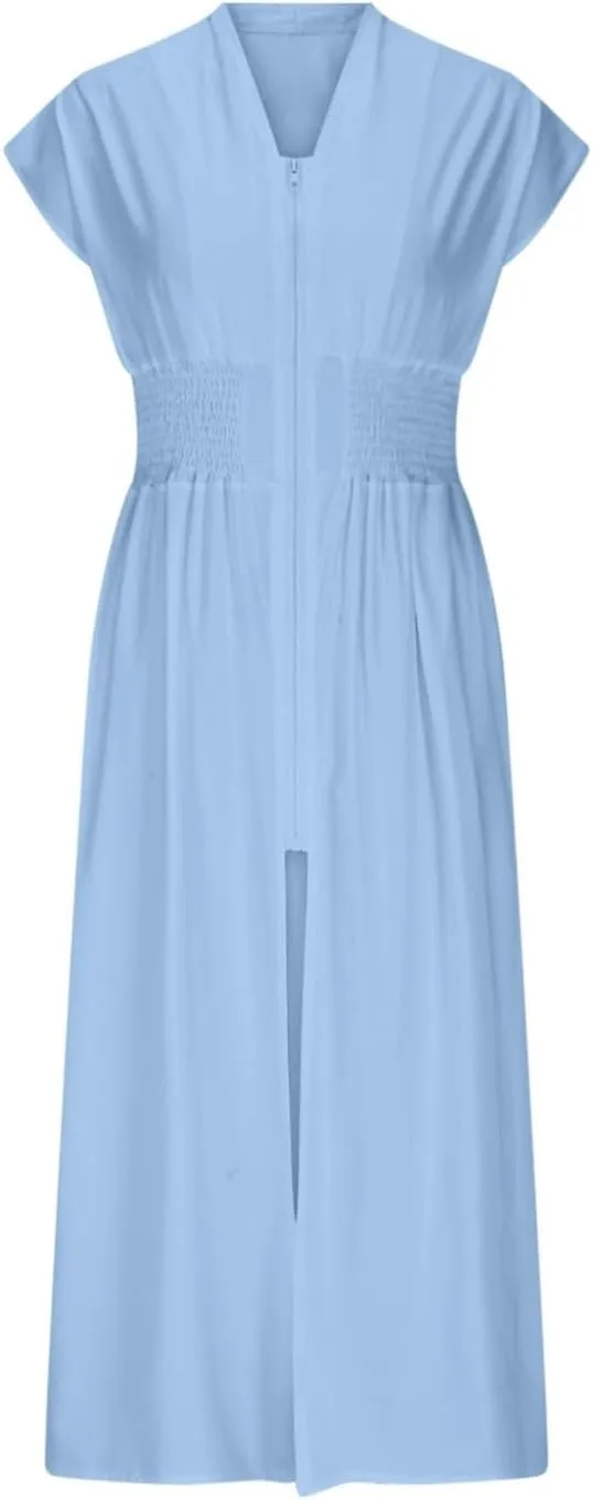 Casual Dresses for Women 2025 Summer Beach Sundress Cap Sleeve V Neck Zip Front Flowy Slit Midi Dress with Pocket