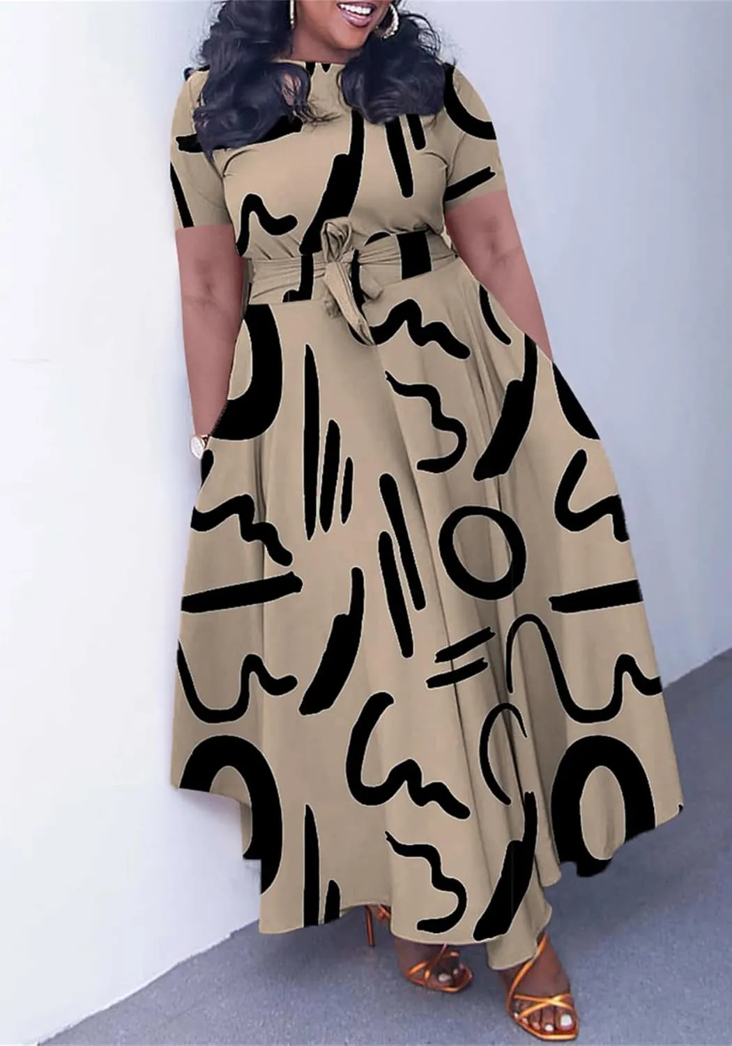Casual Plus Size Maxi Dress for Women African Print Long Dress Short Sleeve Flowy Ruffle Dress with Belt 2025 Fashion