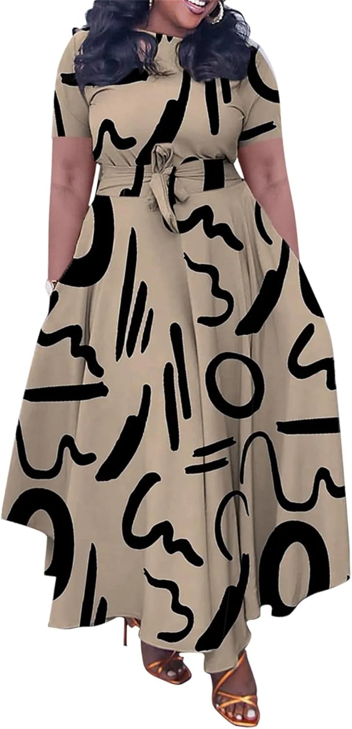 Casual Plus Size Maxi Dress for Women African Print Long Dress Short Sleeve Flowy Ruffle Dress with Belt 2025 Fashion
