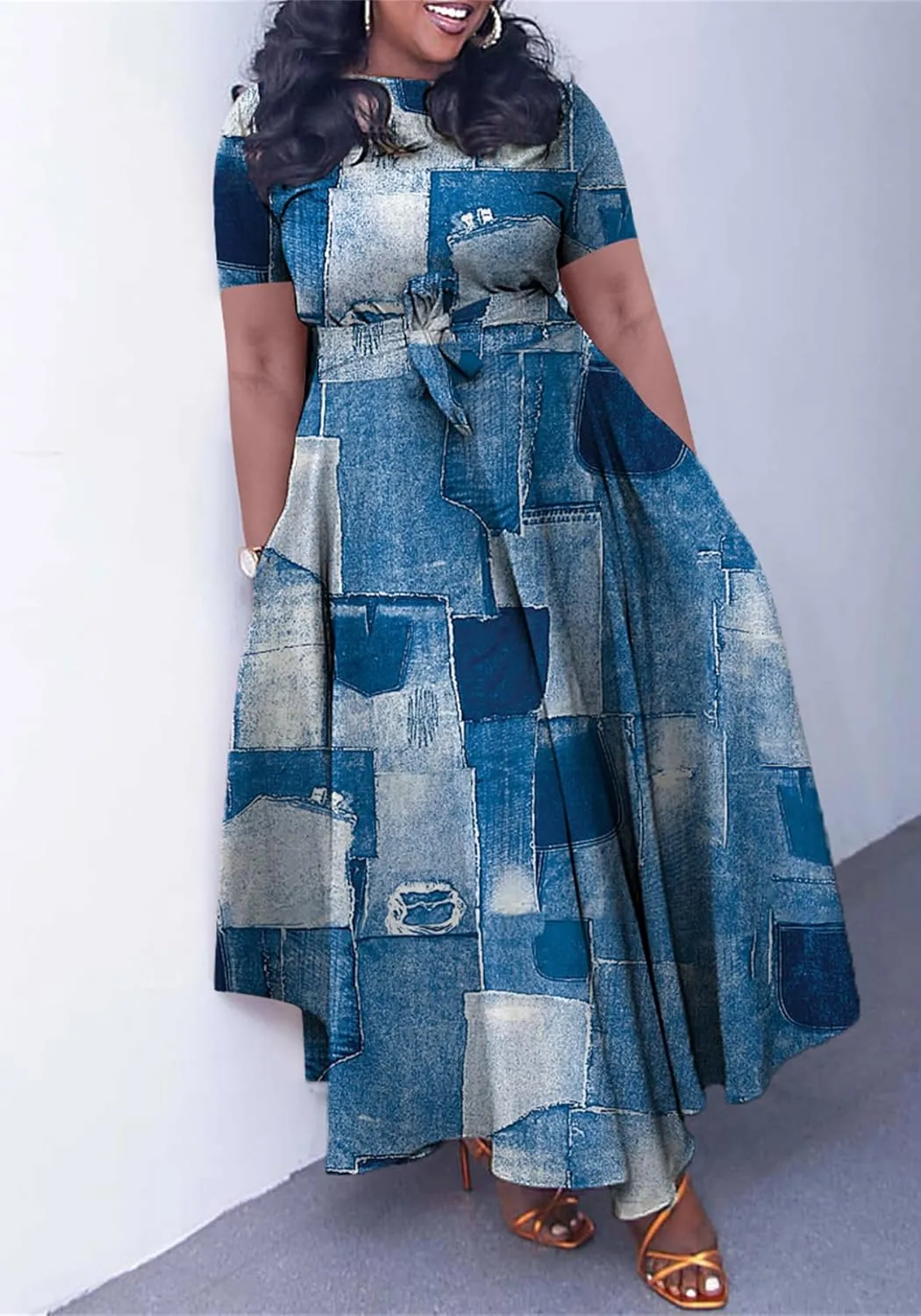 Casual Plus Size Maxi Dress for Women African Print Long Dress Short Sleeve Flowy Ruffle Dress with Belt 2025 Fashion