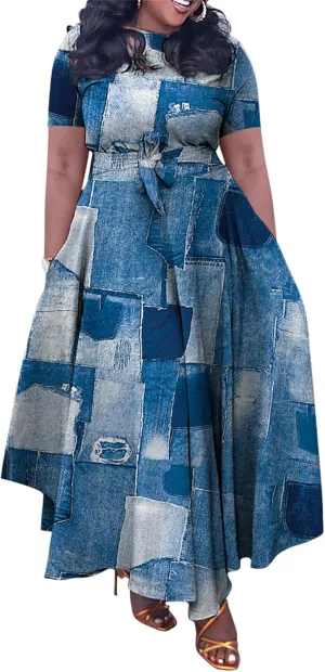 Casual Plus Size Maxi Dress for Women African Print Long Dress Short Sleeve Flowy Ruffle Dress with Belt 2025 Fashion