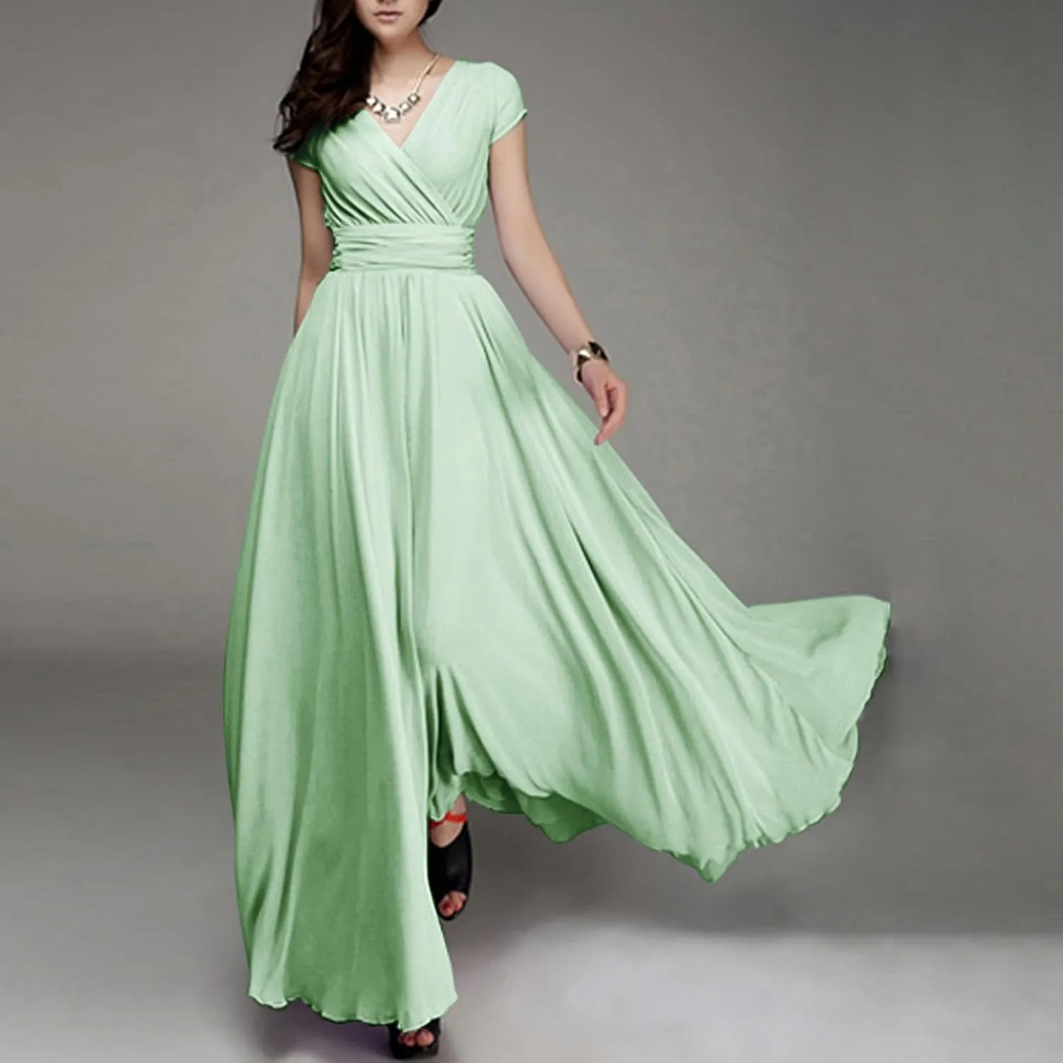 Casual Spring Dresses for Women 2025,Women's Chiffon Solid V Neck Short Sleeve Wedding Guest Dress Cocktail Maxi Dresses
