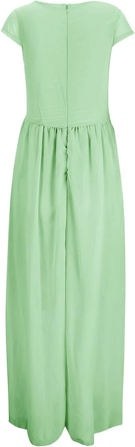 Casual Spring Dresses for Women 2025,Women's Chiffon Solid V Neck Short Sleeve Wedding Guest Dress Cocktail Maxi Dresses
