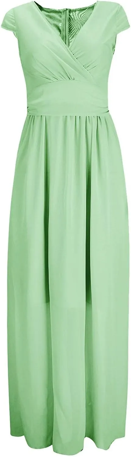 Casual Spring Dresses for Women 2025,Women's Chiffon Solid V Neck Short Sleeve Wedding Guest Dress Cocktail Maxi Dresses