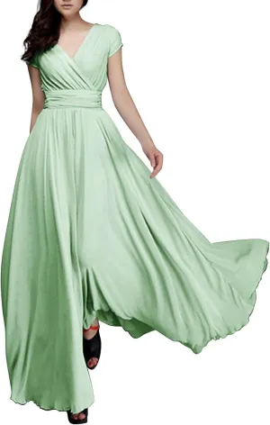 Casual Spring Dresses for Women 2025,Women's Chiffon Solid V Neck Short Sleeve Wedding Guest Dress Cocktail Maxi Dresses
