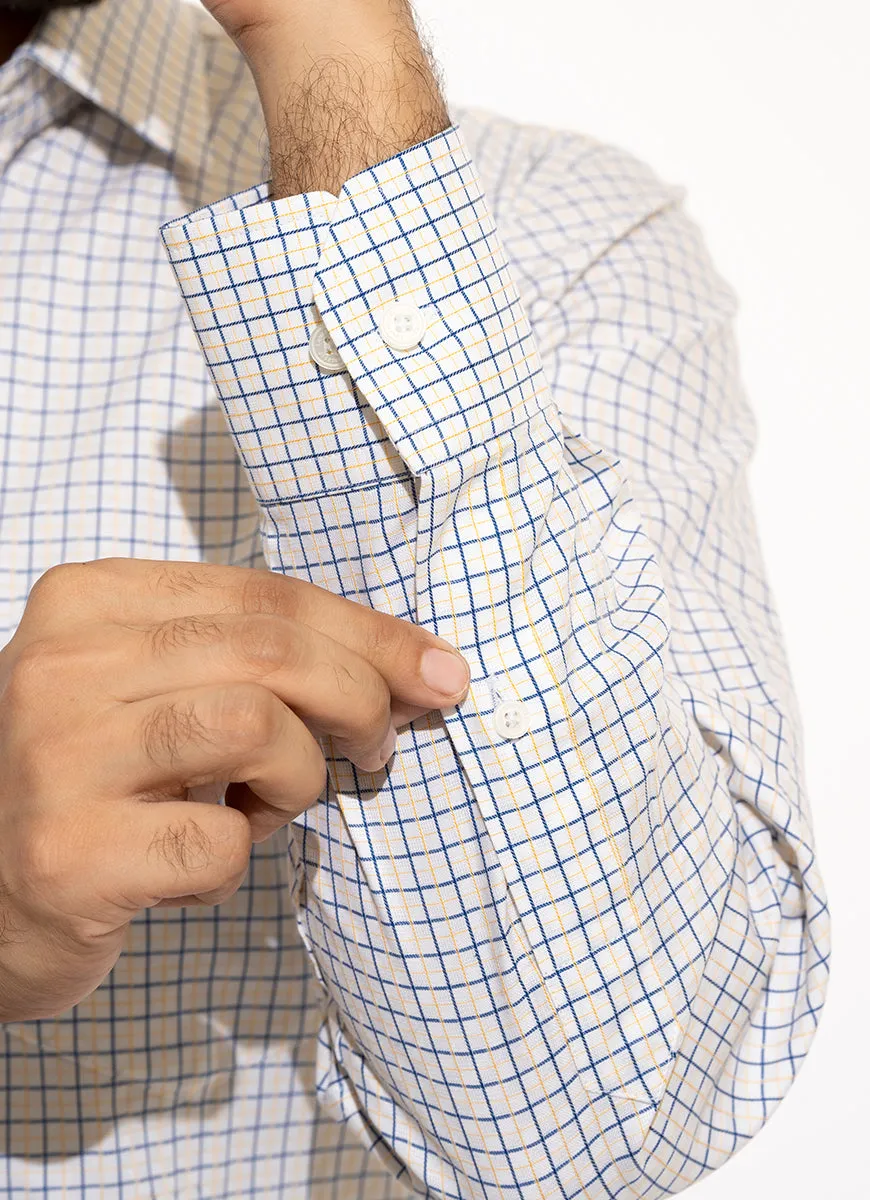 Checks-Blue and Yellow on White Base, Supernova Cotton Formal Shirt