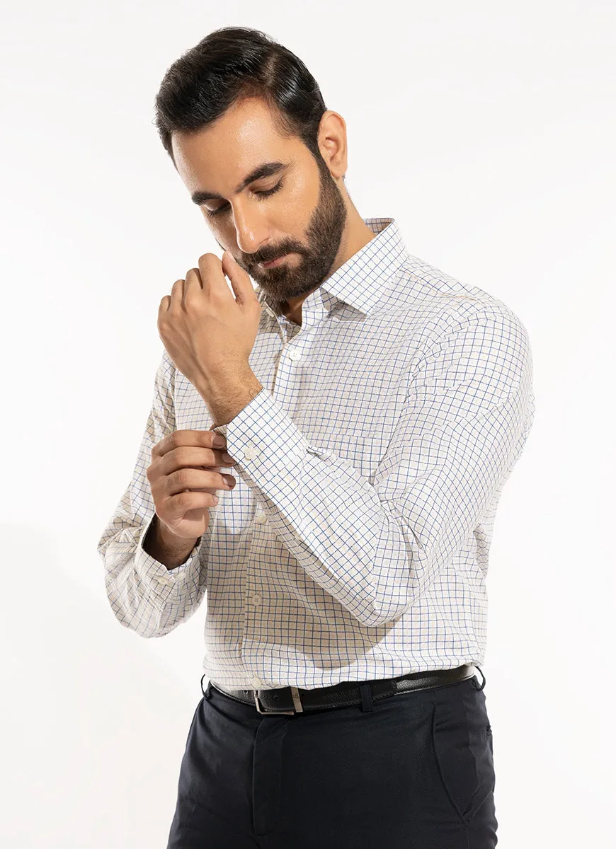 Checks-Blue and Yellow on White Base, Supernova Cotton Formal Shirt