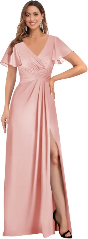 Chiffon Bridesmaid Dresses for Wedding with Slit Sleeves V Neck Pleated Long Formal Evening Party Gown