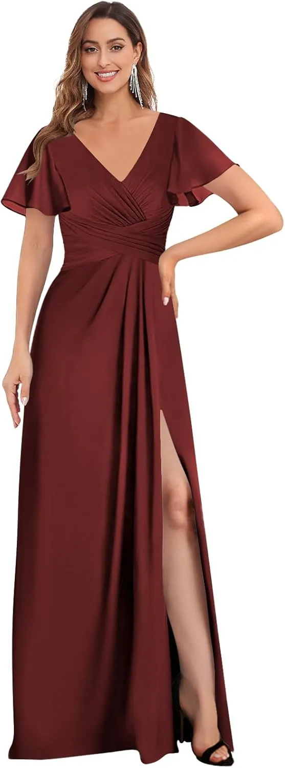 Chiffon Bridesmaid Dresses for Wedding with Slit Sleeves V Neck Pleated Long Formal Evening Party Gown