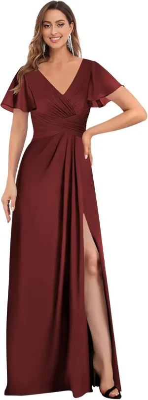 Chiffon Bridesmaid Dresses for Wedding with Slit Sleeves V Neck Pleated Long Formal Evening Party Gown