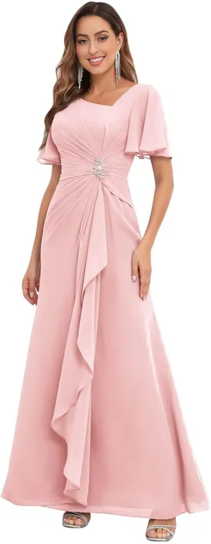 Chiffon Mother of The Bride Dresses Ruffle Sleeve Beaded A Line Long Formal Wedding Guest Dress