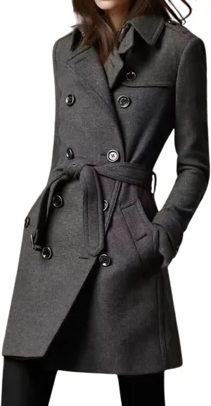 chouyatou Women's Winter Double Breasted Wool Coat Slim Fit Office Work Mid Long Trench Coat Overcoat