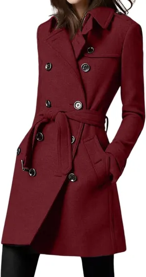 chouyatou Women's Winter Double Breasted Wool Coat Slim Fit Office Work Mid Long Trench Coat Overcoat