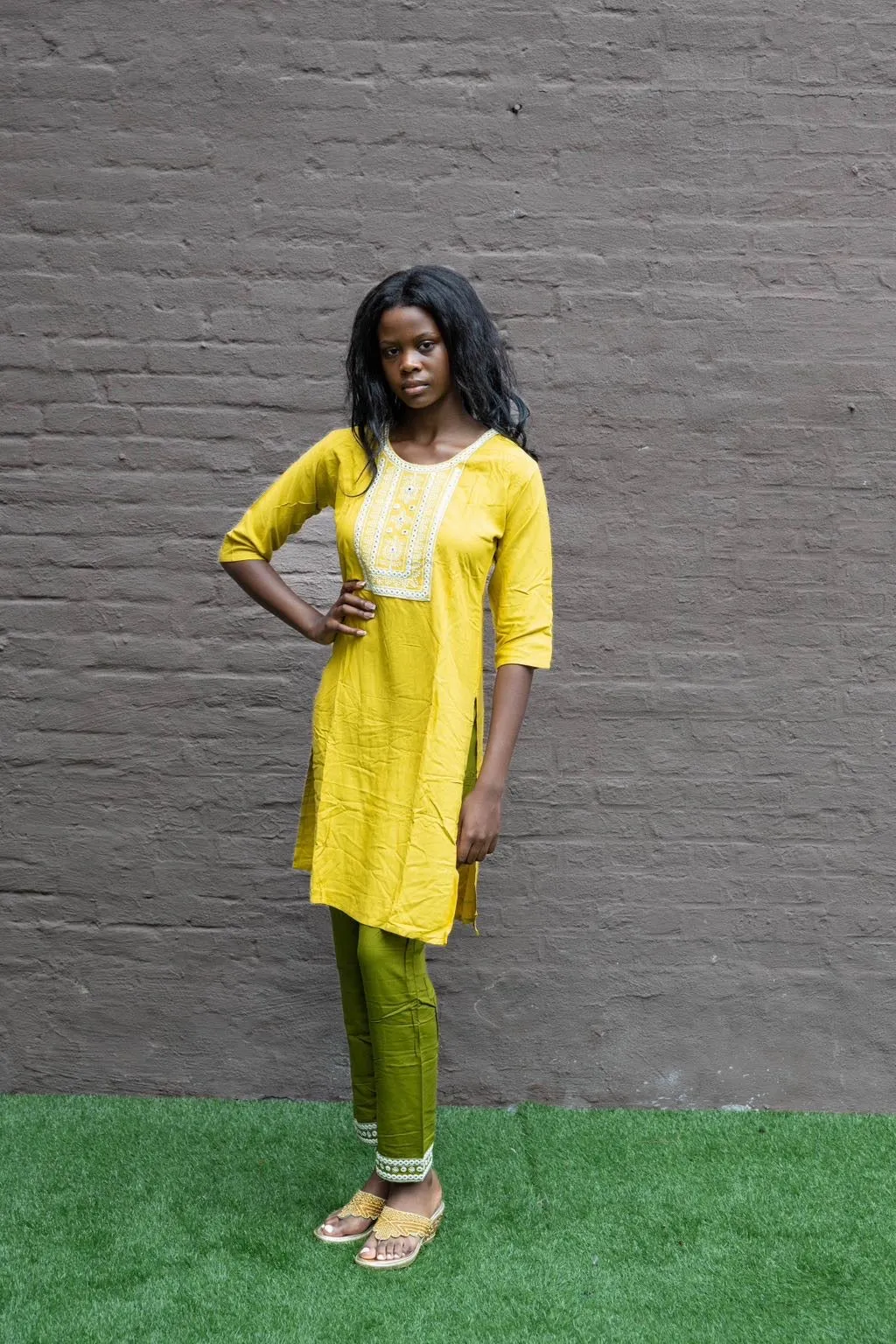 Cotton Embroidered Golden Yellow With Contrast Olive Green Straight pants Set
