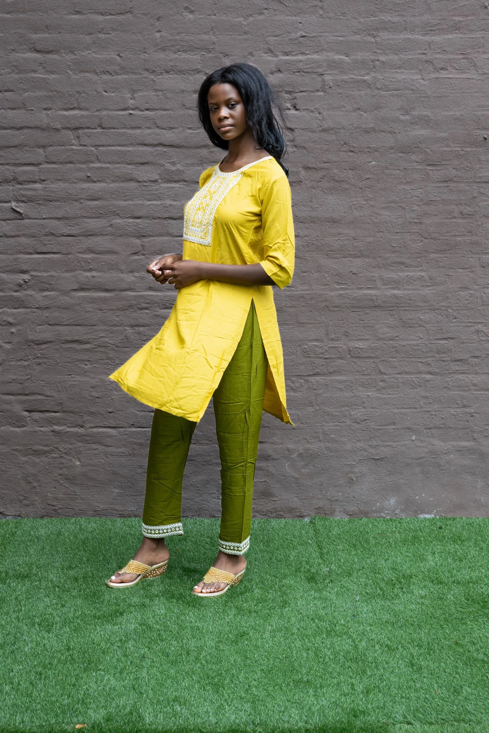 Cotton Embroidered Golden Yellow With Contrast Olive Green Straight pants Set