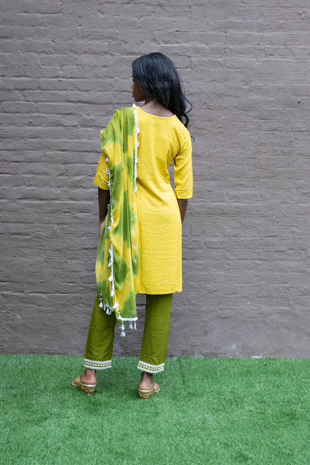 Cotton Embroidered Golden Yellow With Contrast Olive Green Straight pants Set