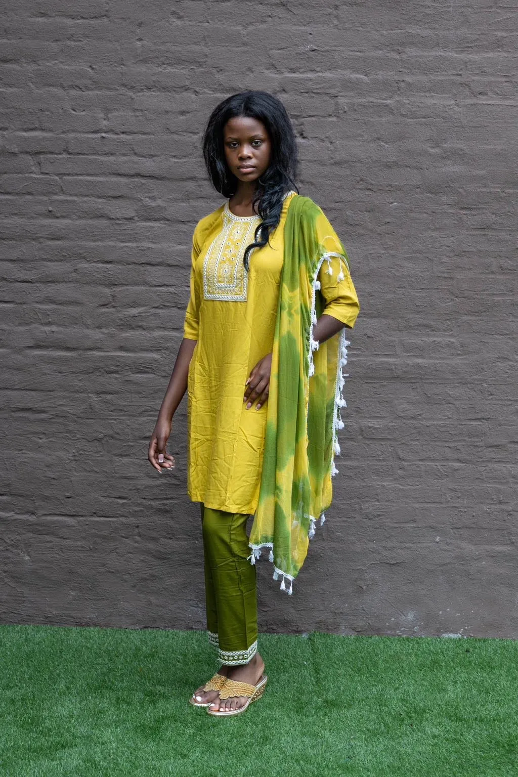Cotton Embroidered Golden Yellow With Contrast Olive Green Straight pants Set