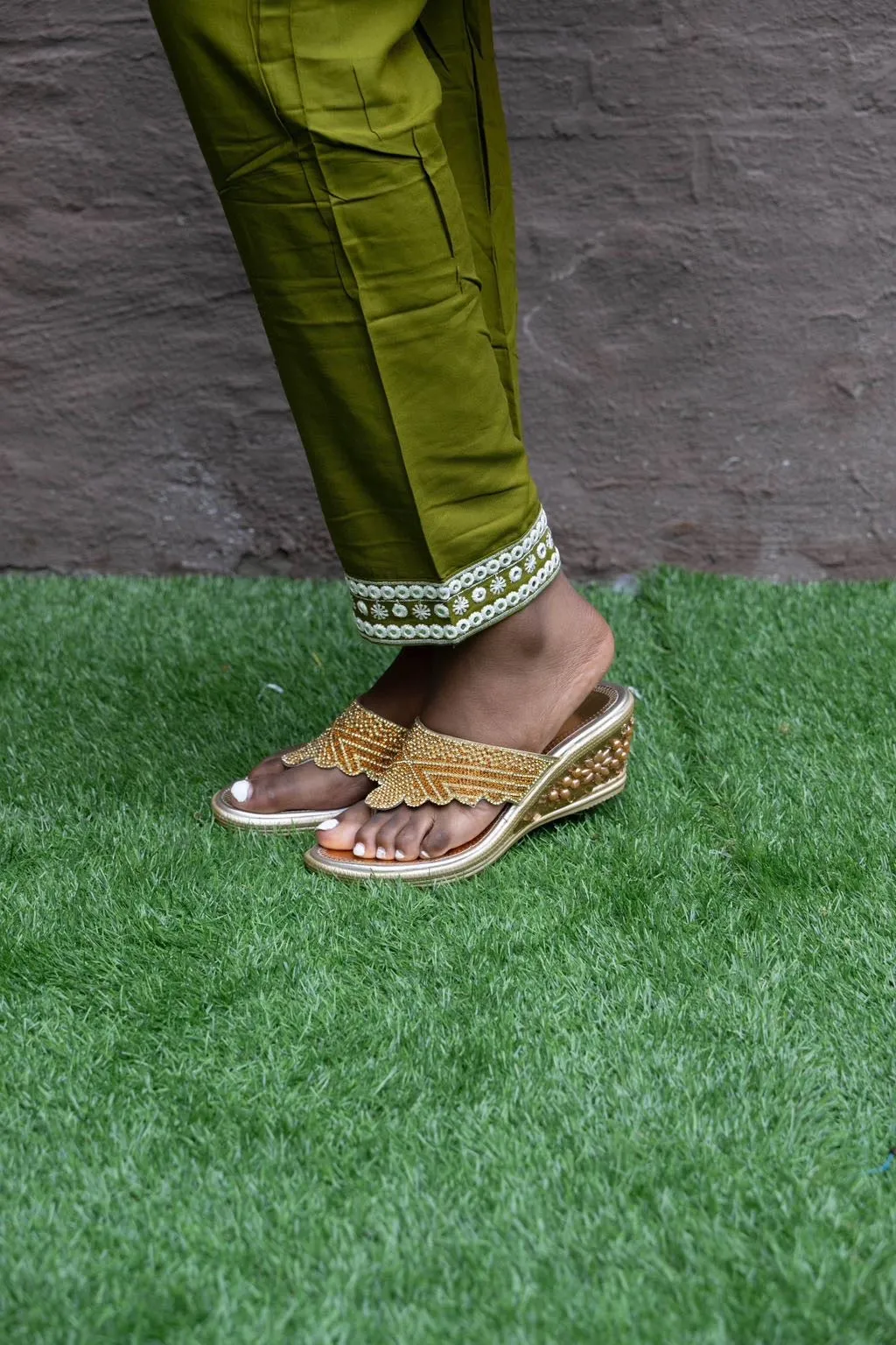 Cotton Embroidered Golden Yellow With Contrast Olive Green Straight pants Set