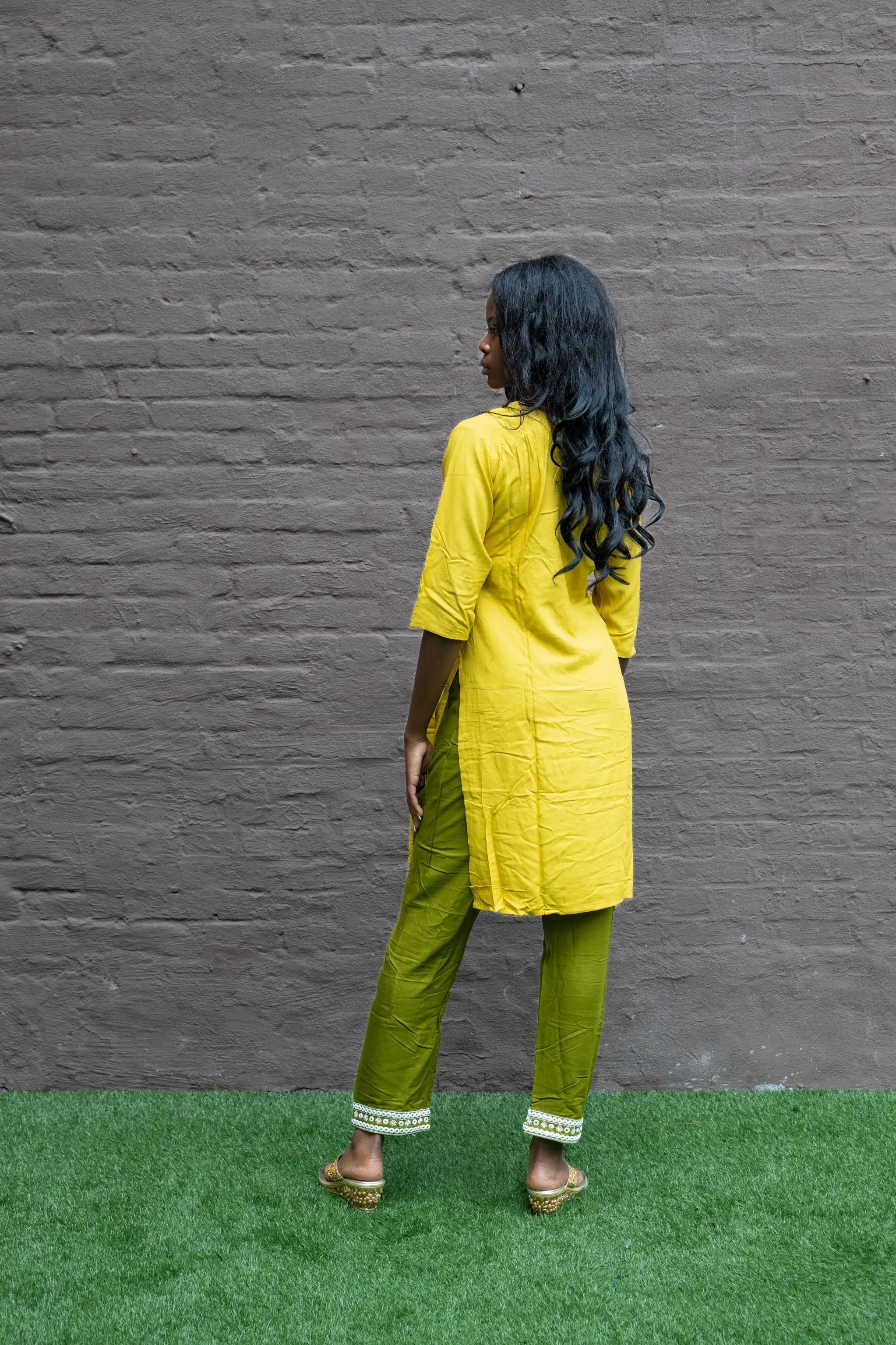 Cotton Embroidered Golden Yellow With Contrast Olive Green Straight pants Set