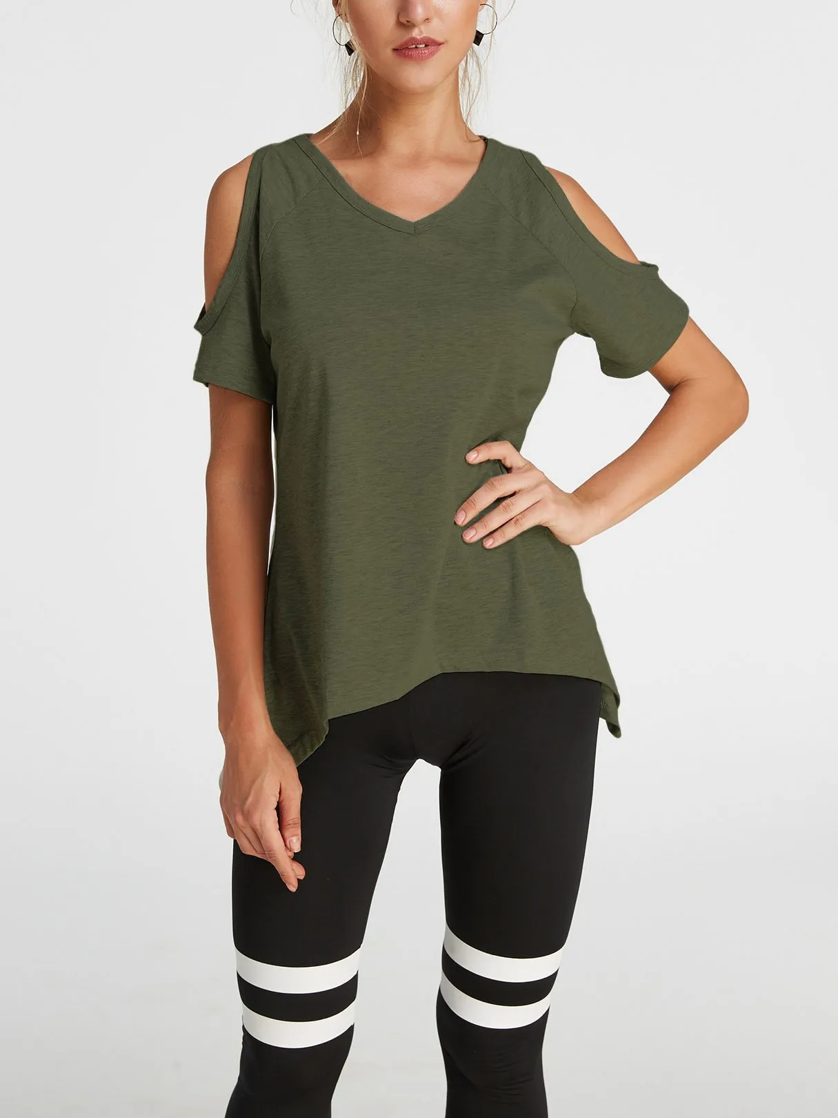 Custom Cold Shoulder Short Sleeve Irregular Hem T-Shirts