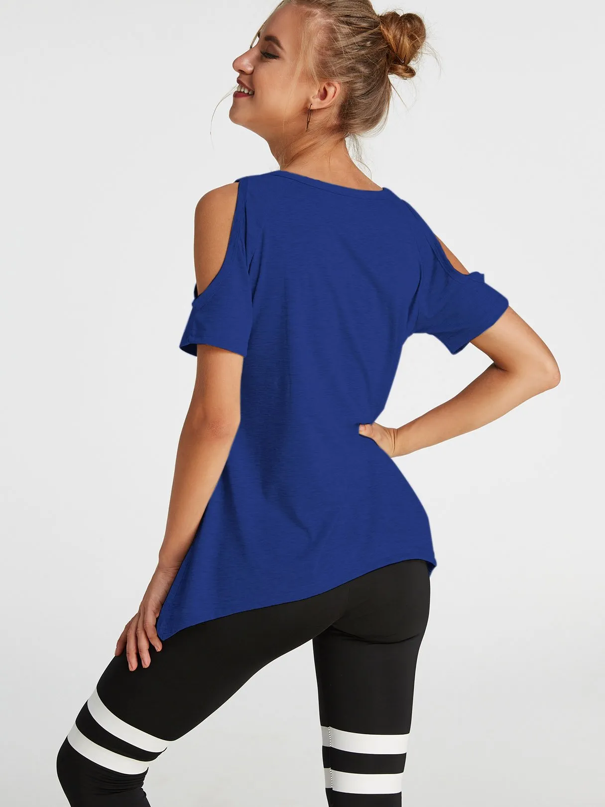 Custom Cold Shoulder Short Sleeve Irregular Hem T-Shirts