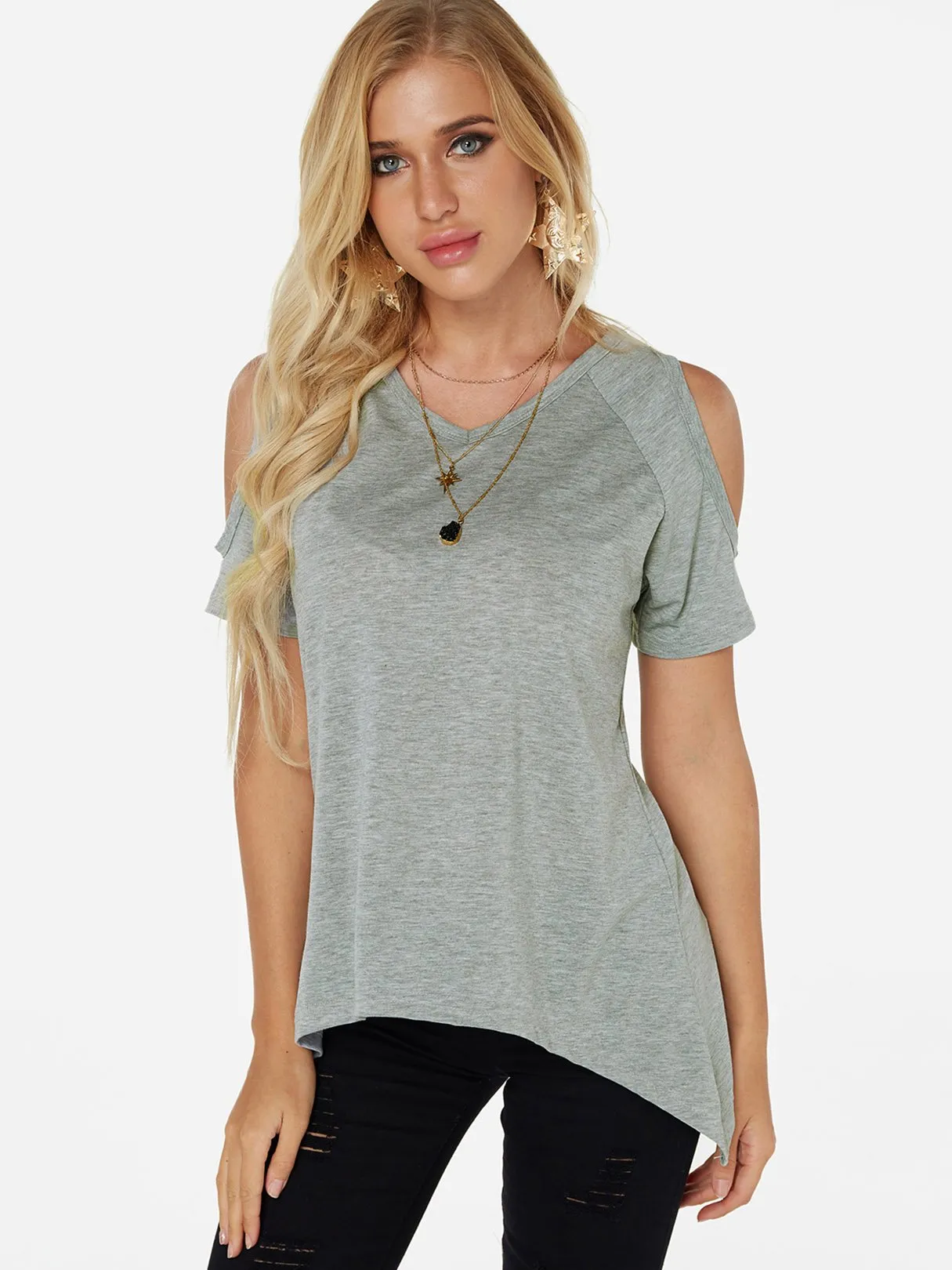 Custom Cold Shoulder Short Sleeve Irregular Hem T-Shirts