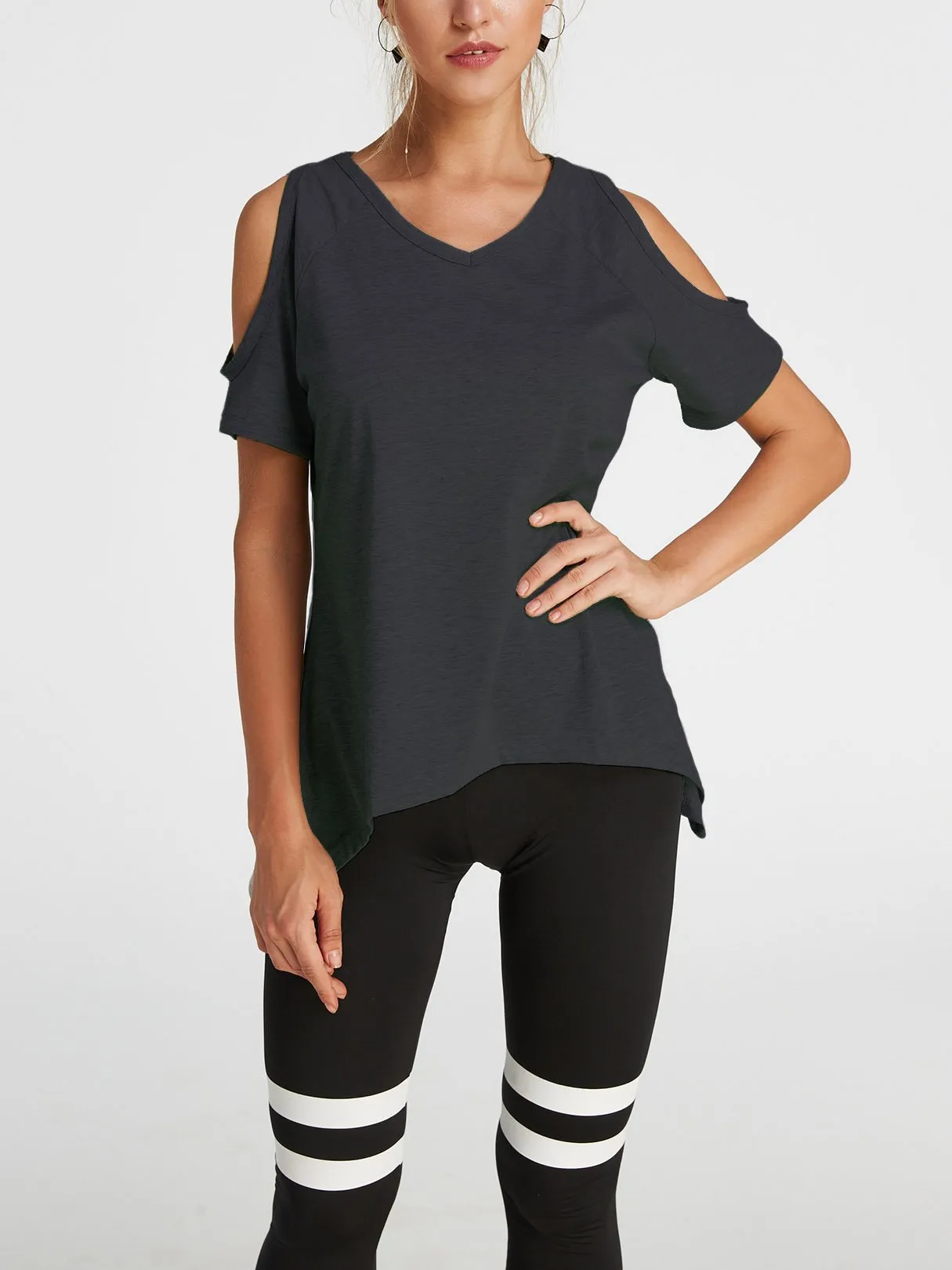 Custom Cold Shoulder Short Sleeve Irregular Hem T-Shirts