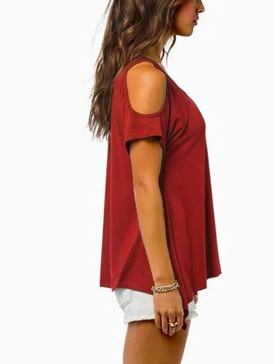 Custom Cold Shoulder Short Sleeve Irregular Hem T-Shirts