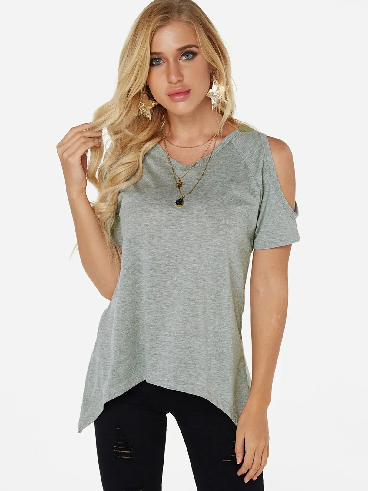 Custom Cold Shoulder Short Sleeve Irregular Hem T-Shirts