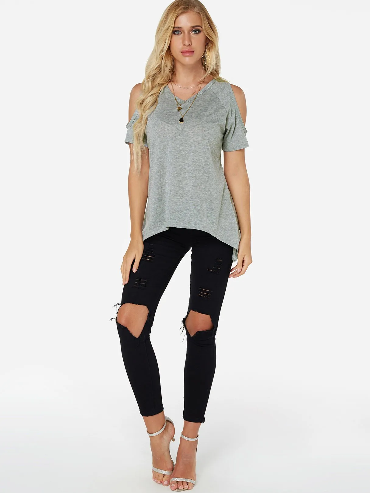 Custom Cold Shoulder Short Sleeve Irregular Hem T-Shirts