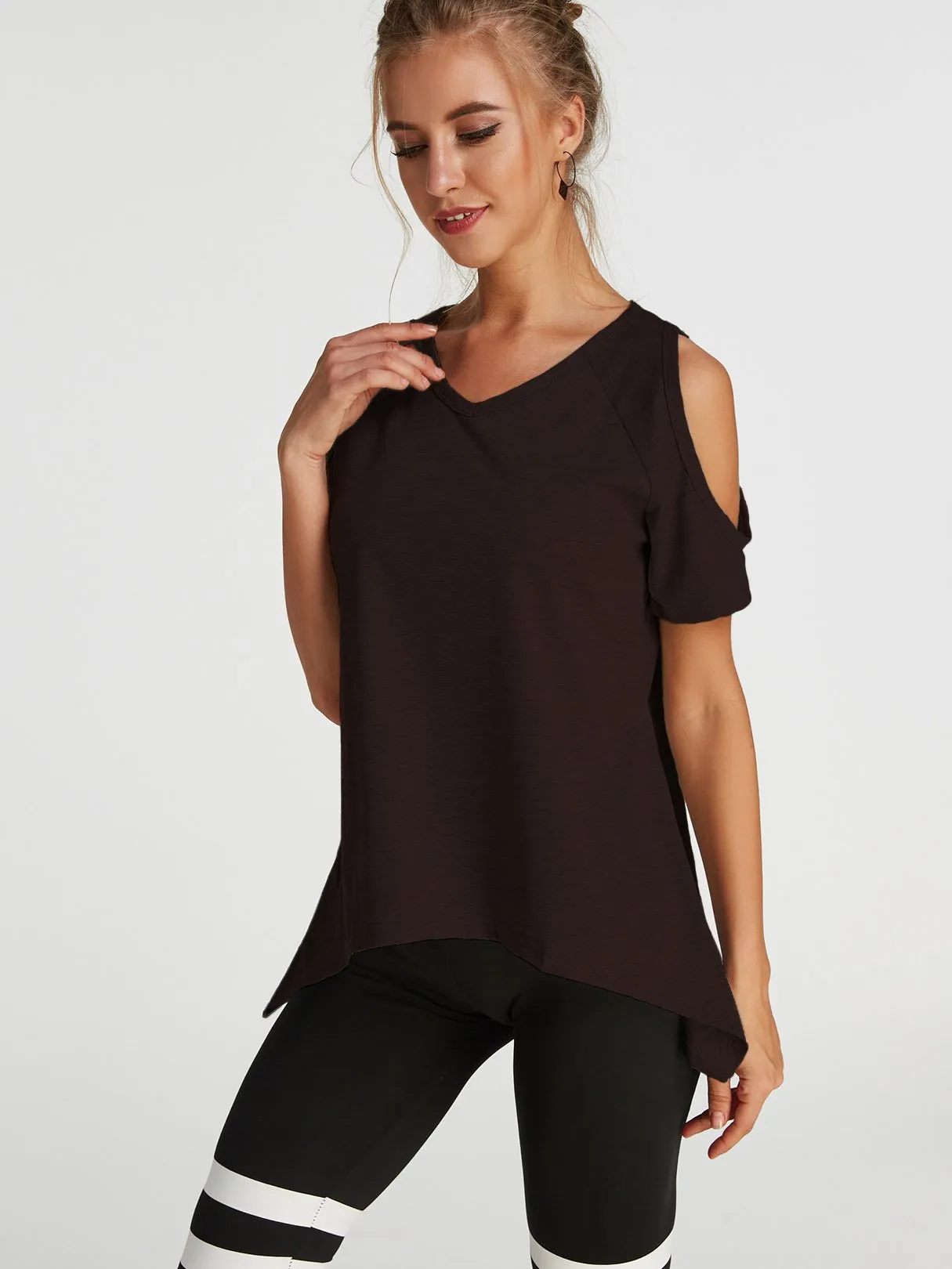 Custom Cold Shoulder Short Sleeve Irregular Hem T-Shirts