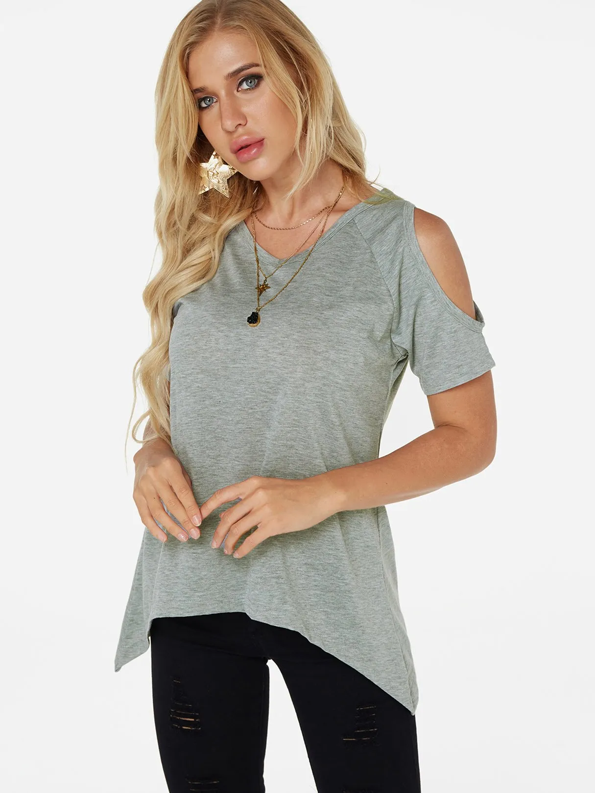 Custom Cold Shoulder Short Sleeve Irregular Hem T-Shirts