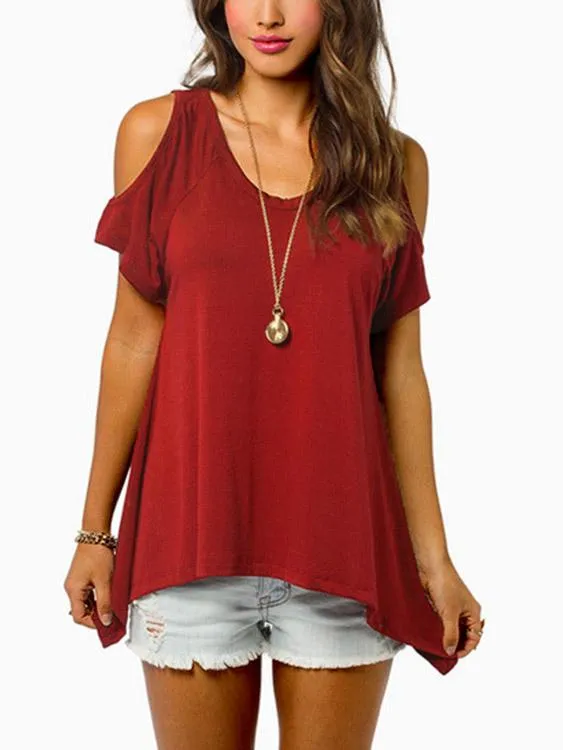 Custom Cold Shoulder Short Sleeve Irregular Hem T-Shirts